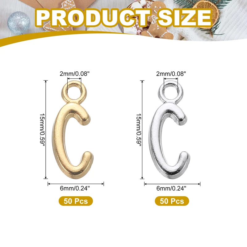 0.3" Letter Charm A-Z for Jewelry Making - C (100 Pack, Bright Silver/Dark Gold)