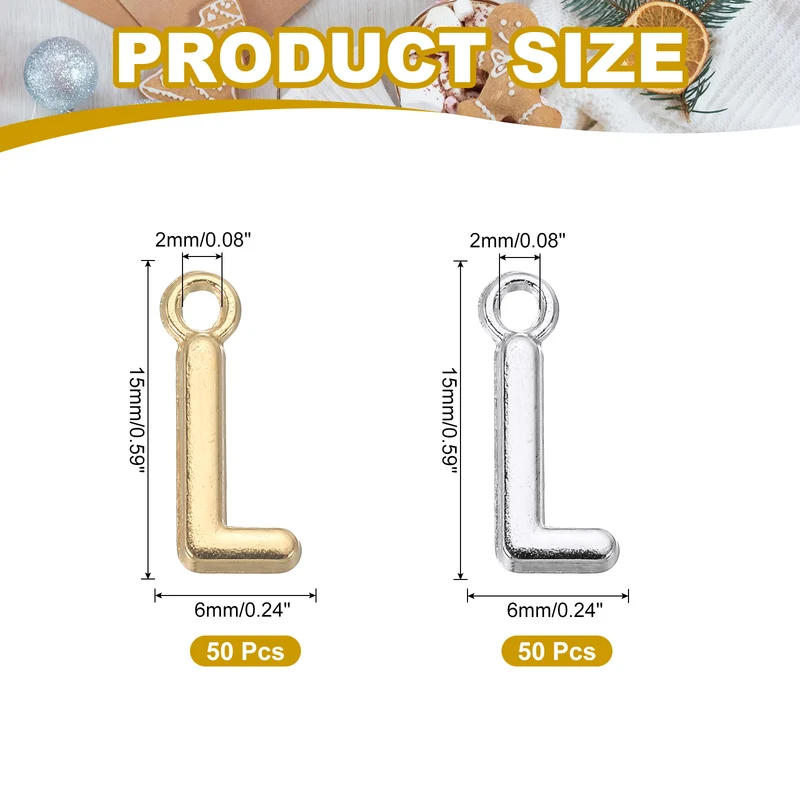 0.3" Letter Charm A-Z for Jewelry Making - L (100 Pack, Bright Silver/Dark Gold)