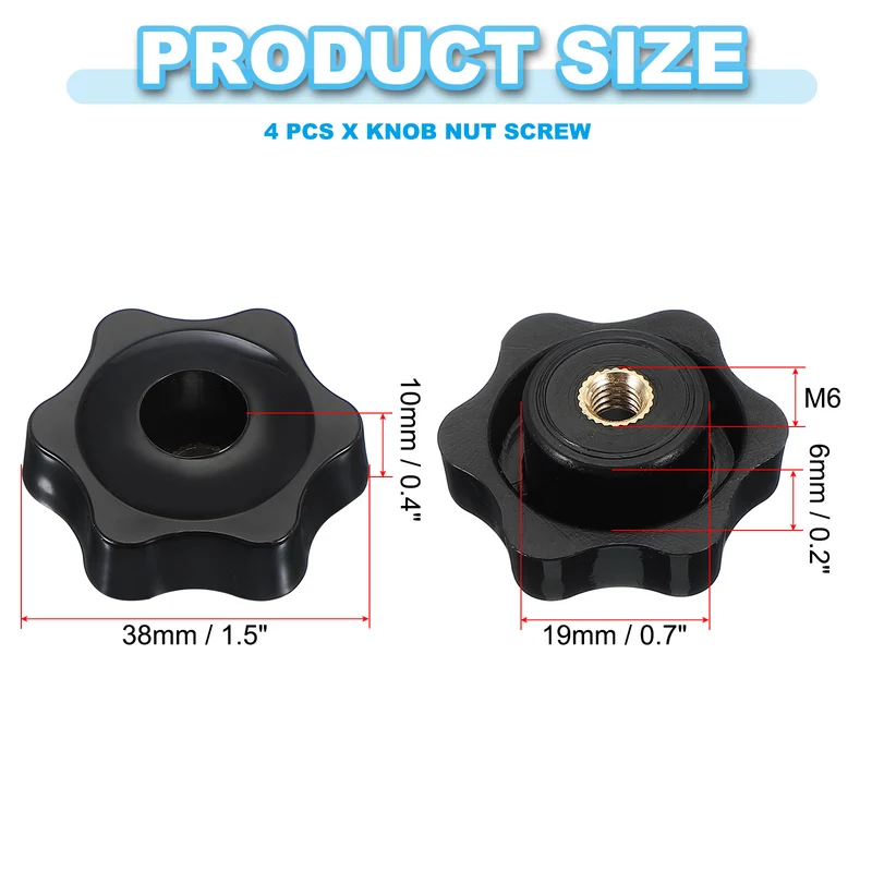 M6 x 38mm Through Hole Knob Nut Screw 4 Pcs Brass Female Thread Knob Black