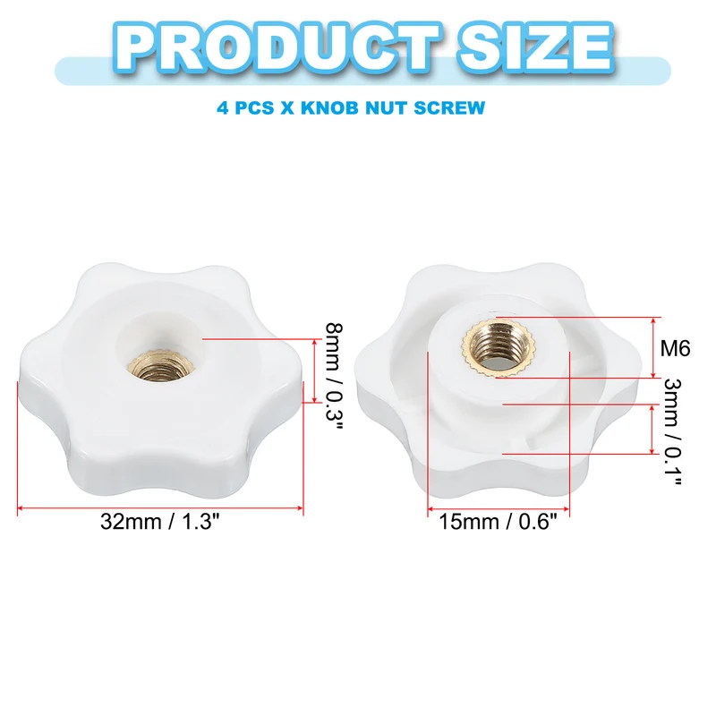 M6 x 32mm Through Hole Knob Nut Screw 4 Pcs Brass Female Thread Knob White