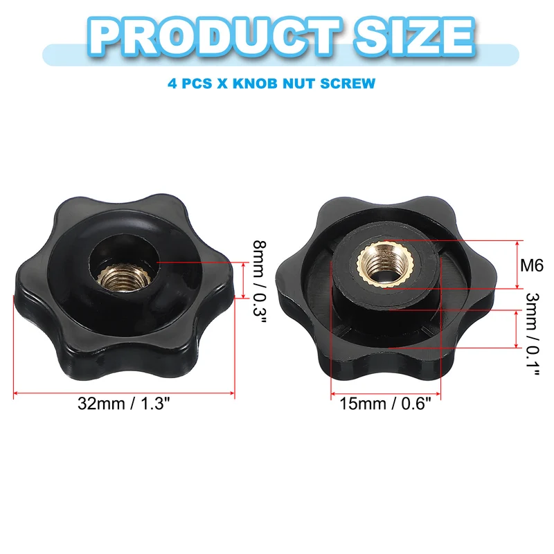 M6 x 32mm Through Hole Knob Nut Screw 4 Pcs Brass Female Thread Knob Black
