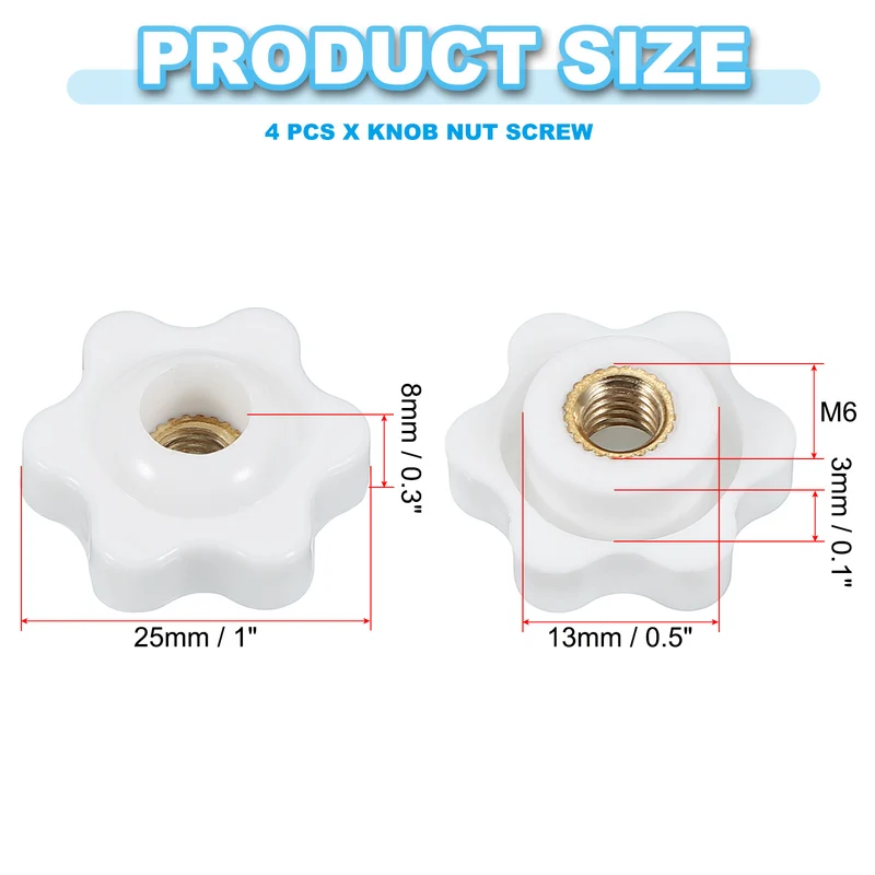 M6 x 25mm Through Hole Knob Nut Screw 4 Pcs Brass Female Thread Knob White