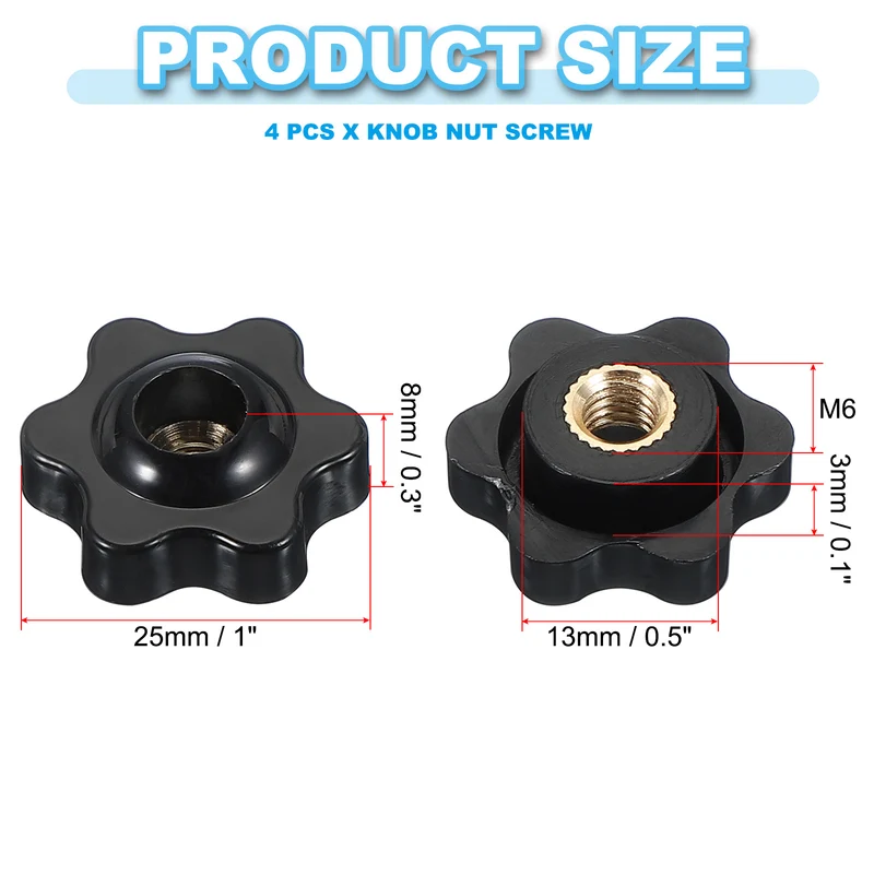 M6 x 25mm Through Hole Knob Nut Screw 4 Pcs Brass Female Thread Knob Black