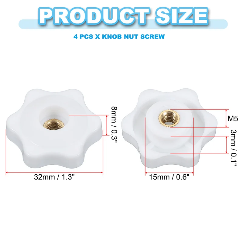 M5 x 32mm Through Hole Knob Nut Screw 4 Pcs Brass Female Thread Knob White