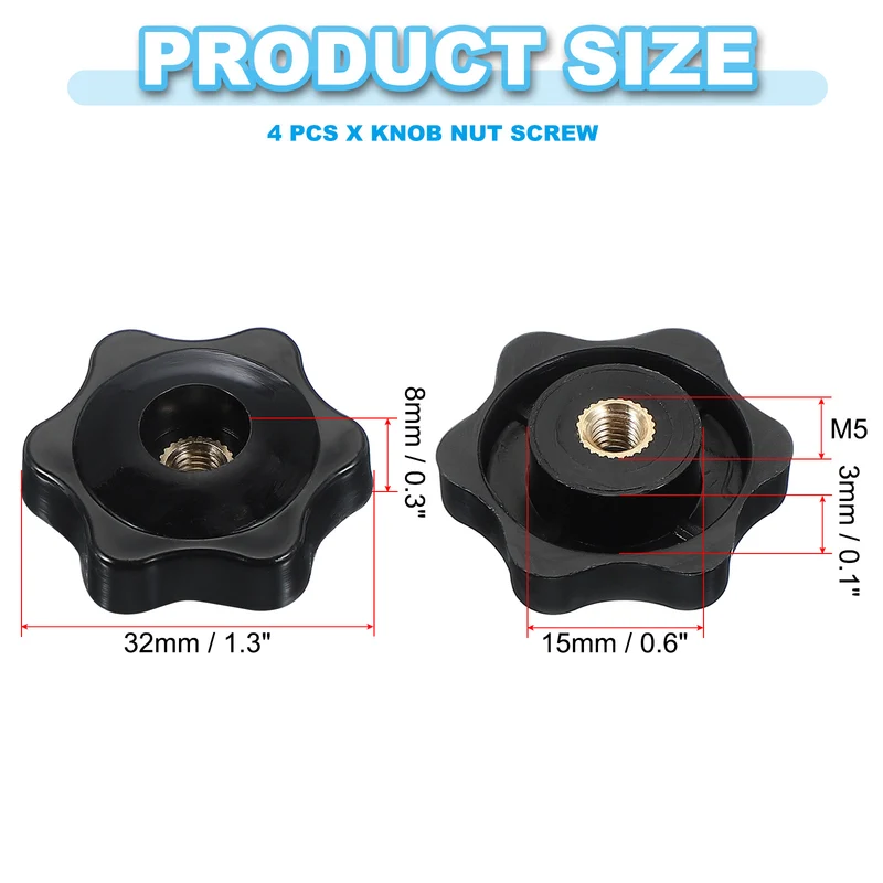 M5 x 32mm Through Hole Knob Nut Screw 4 Pcs Brass Female Thread Knob Black