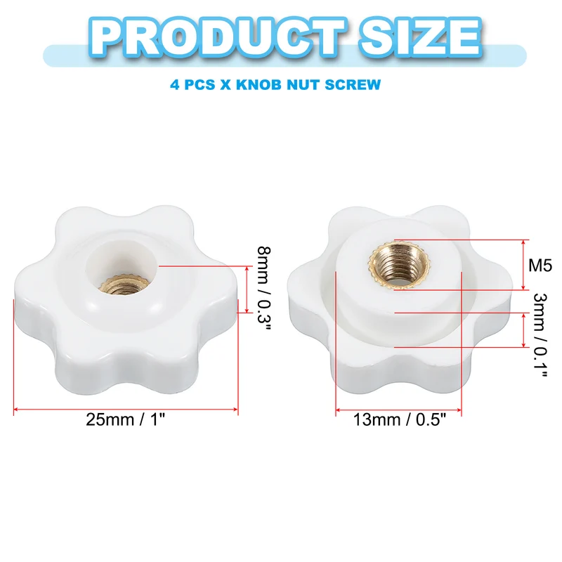 M5 x 25mm Through Hole Knob Nut Screw 4 Pcs Brass Female Thread Knob White