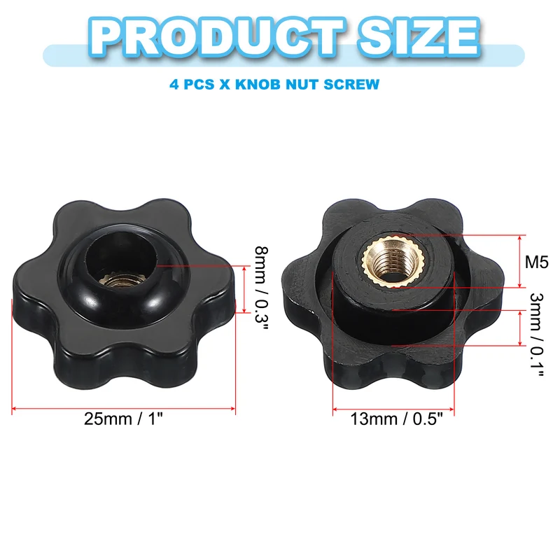 M5 x 25mm Through Hole Knob Nut Screw 4 Pcs Brass Female Thread Knob Black