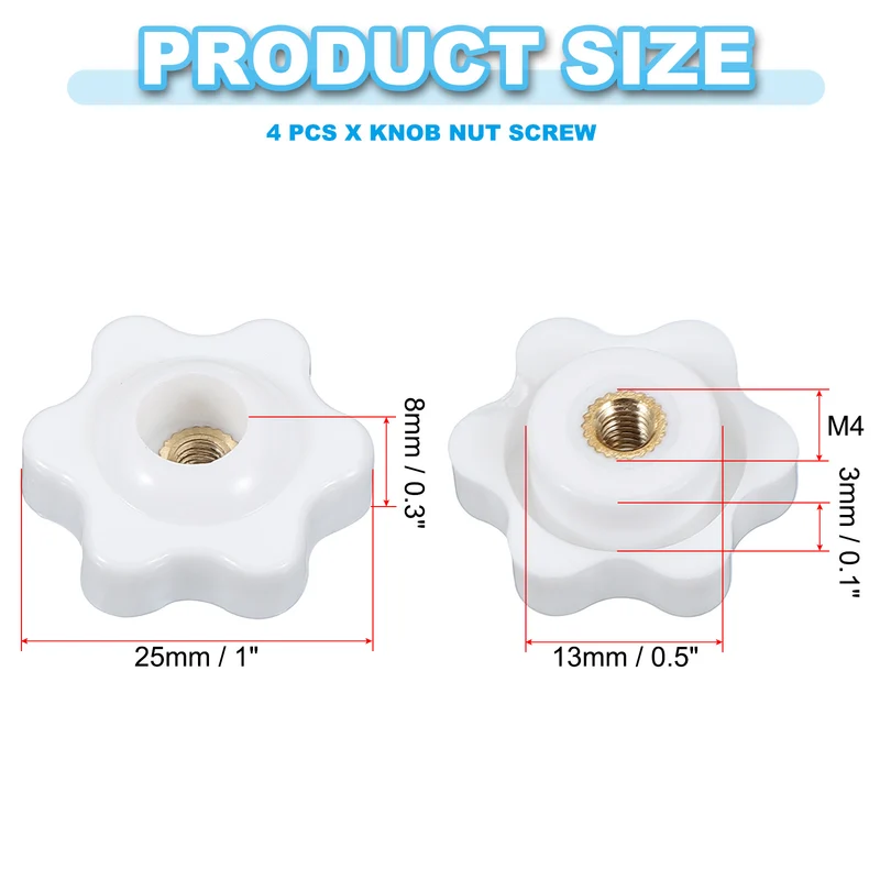 M4 x 25mm Through Hole Knob Nut Screw 4 Pcs Brass Female Thread Knob White