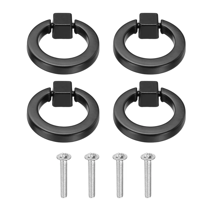 4Pcs Round Ring Knob, 1.61" Solid Cabinet Knobs with Screws, Black