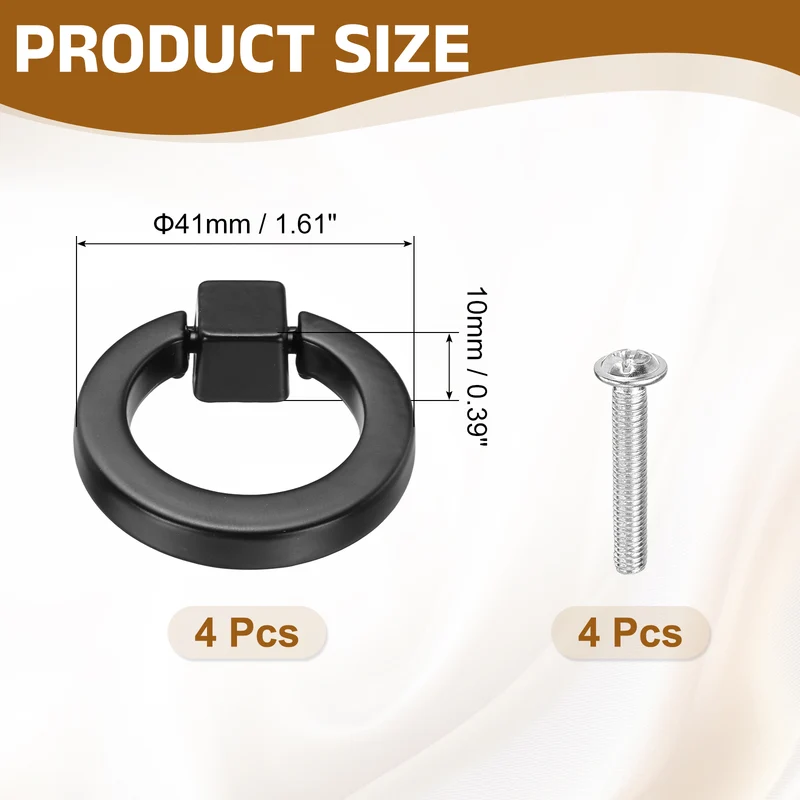 4Pcs Round Ring Knob, 1.61" Solid Cabinet Knobs with Screws, Black