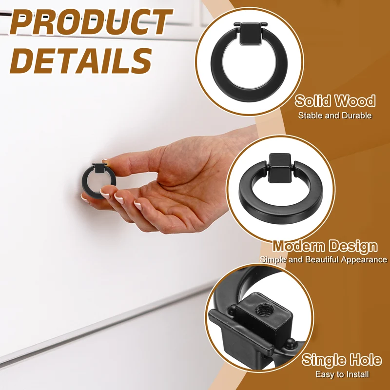 4Pcs Round Ring Knob, 1.61" Solid Cabinet Knobs with Screws, Black