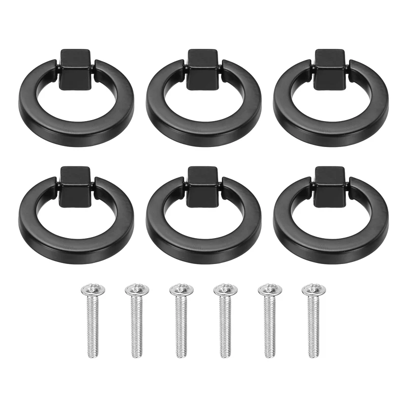 6Pcs Round Ring Knob, 1.61" Solid Cabinet Knobs with Screws, Black