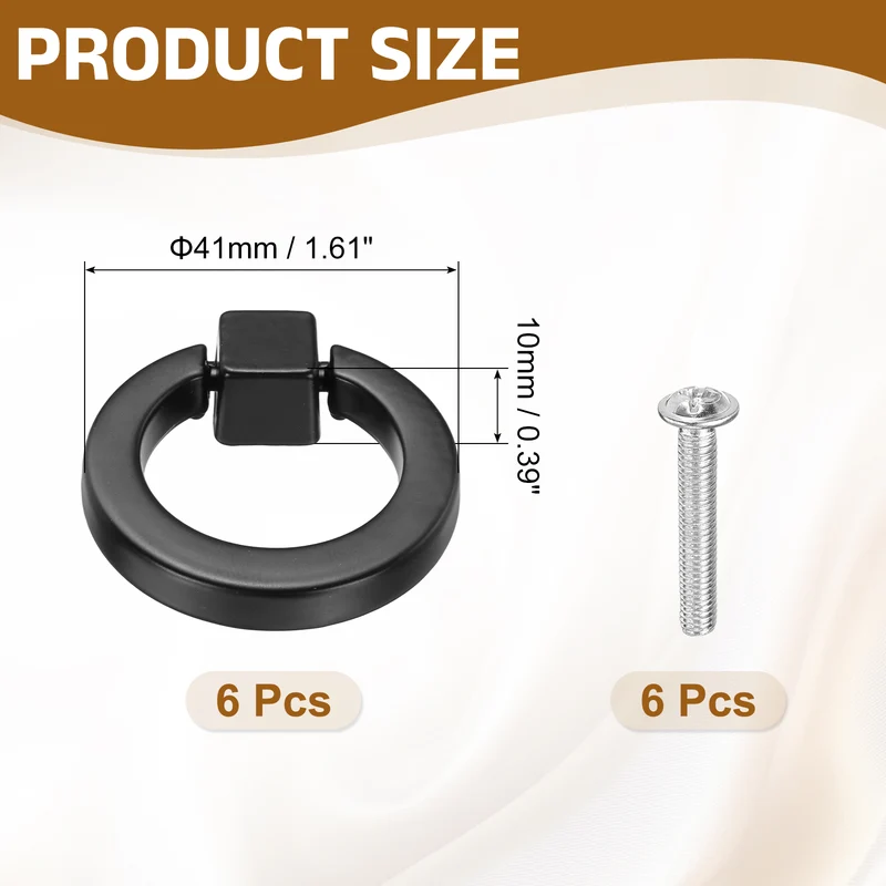 6Pcs Round Ring Knob, 1.61" Solid Cabinet Knobs with Screws, Black