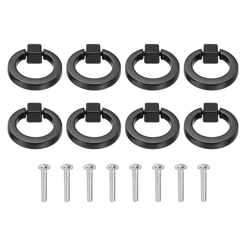 8Pcs Round Ring Knob, 1.61" Solid Cabinet Knobs with Screws, Black