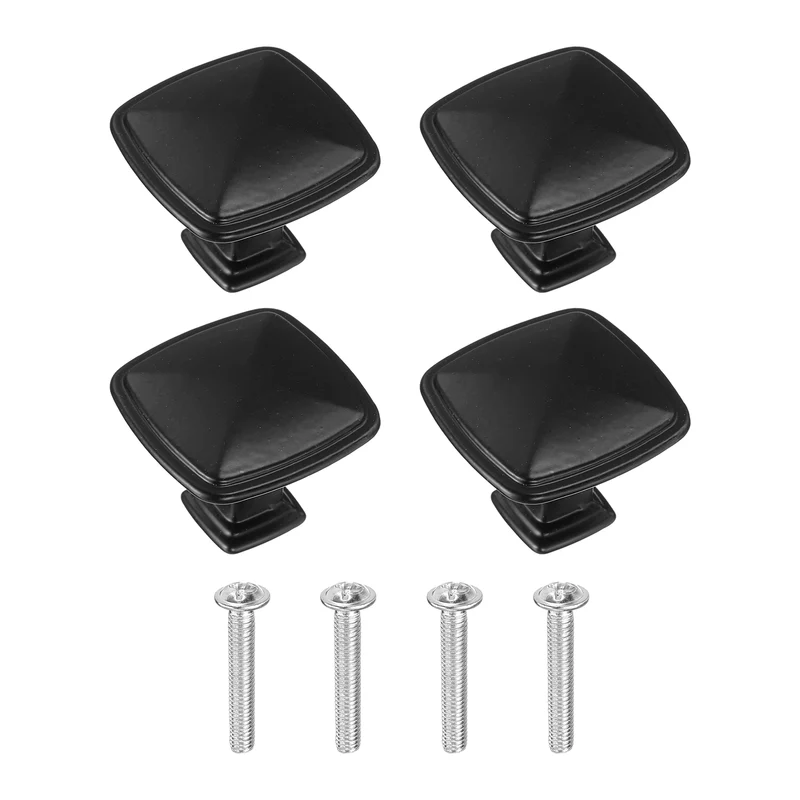 4Pcs Cabinet Knobs, 1.22" Single Hole Square Drawer Knob with Screws, Black