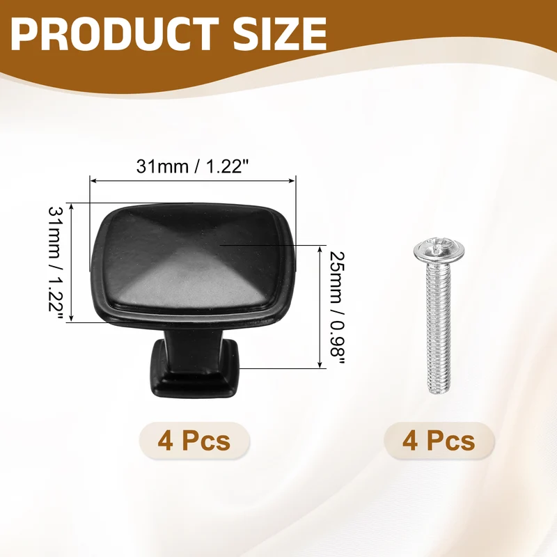 4Pcs Cabinet Knobs, 1.22" Single Hole Square Drawer Knob with Screws, Black