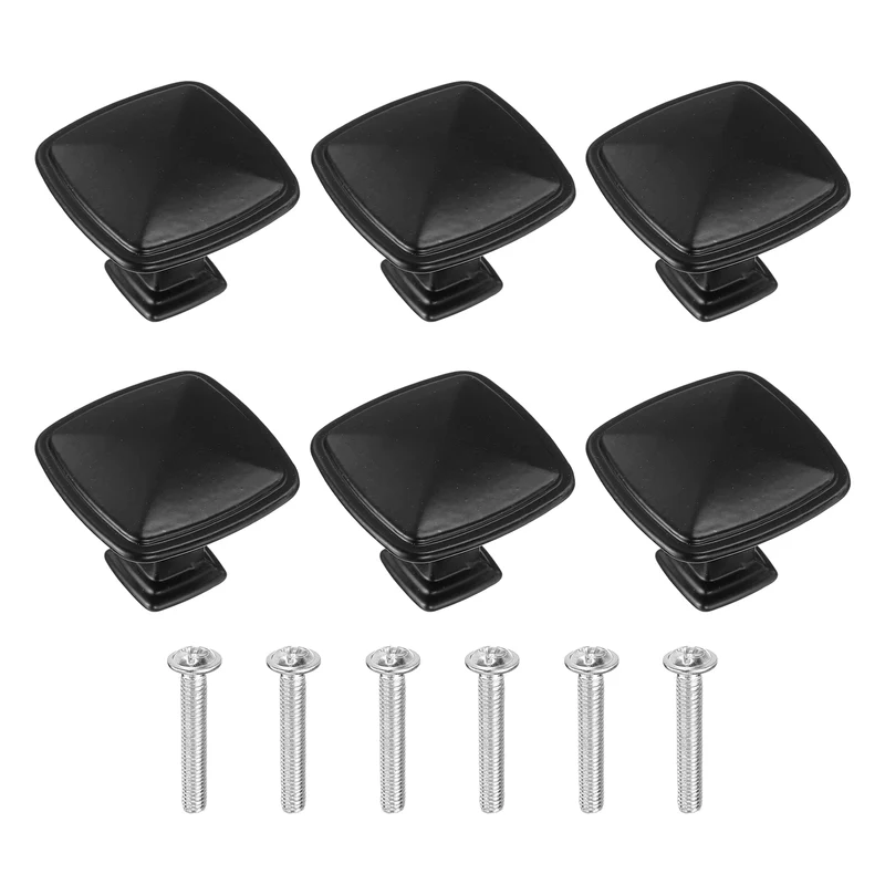 6Pcs Cabinet Knobs, 1.22" Single Hole Square Drawer Knob with Screws, Black