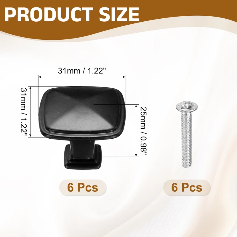 6Pcs Cabinet Knobs, 1.22" Single Hole Square Drawer Knob with Screws, Black