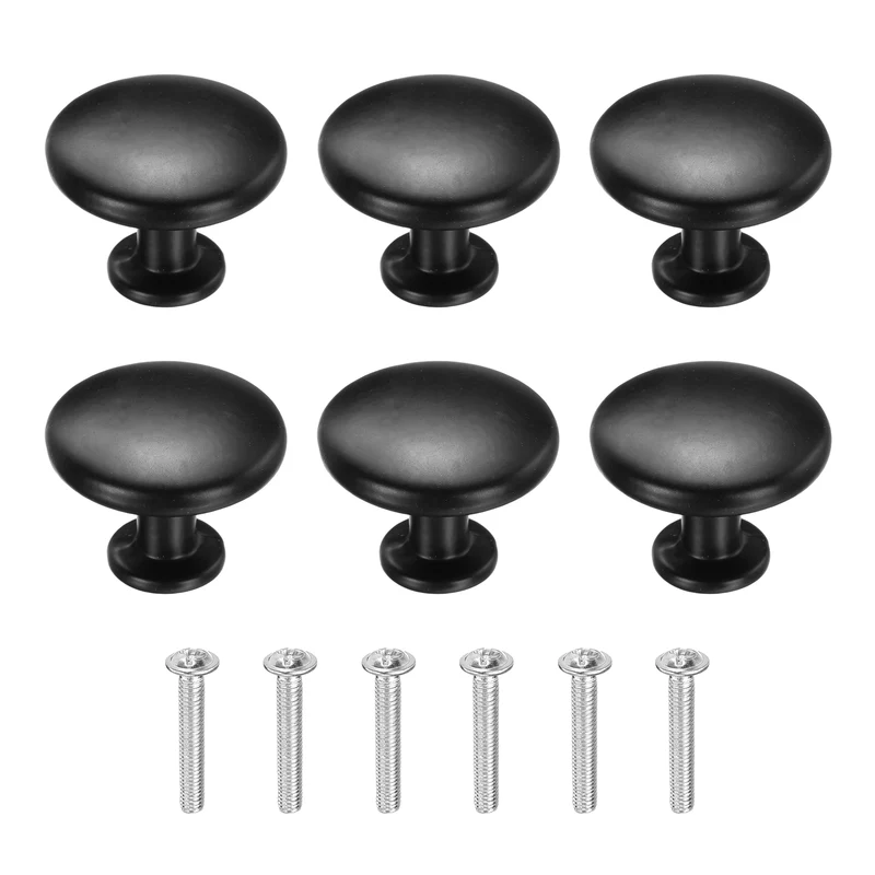 6Pcs Cabinet Knobs, 1.14" Single Hole Round Drawer Knob with Screws, Black
