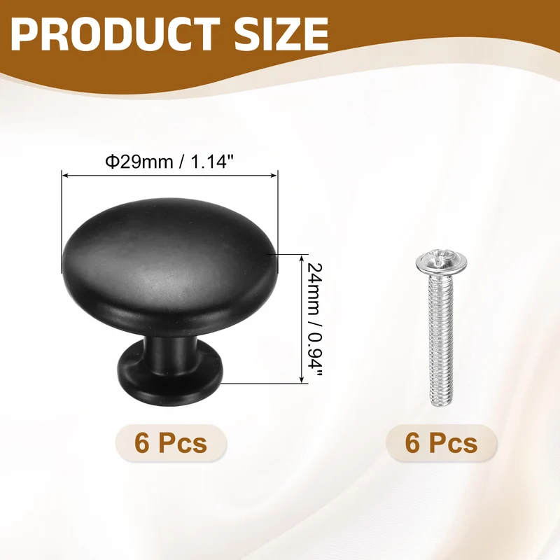 6Pcs Cabinet Knobs, 1.14" Single Hole Round Drawer Knob with Screws, Black