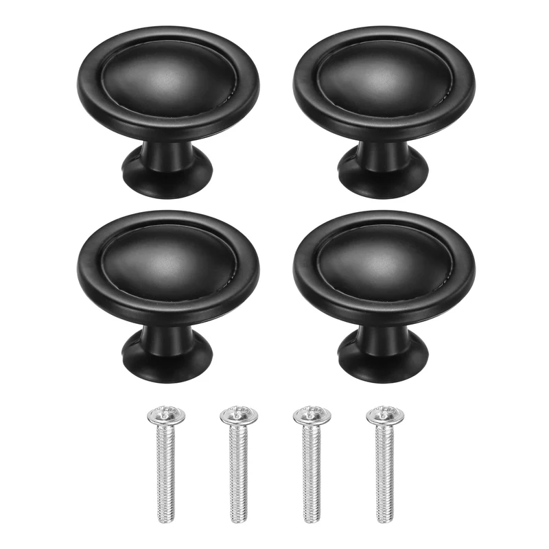 4Pcs Cabinet Knobs, 1.22" Single Hole Round Drawer Knob with Screws, Black