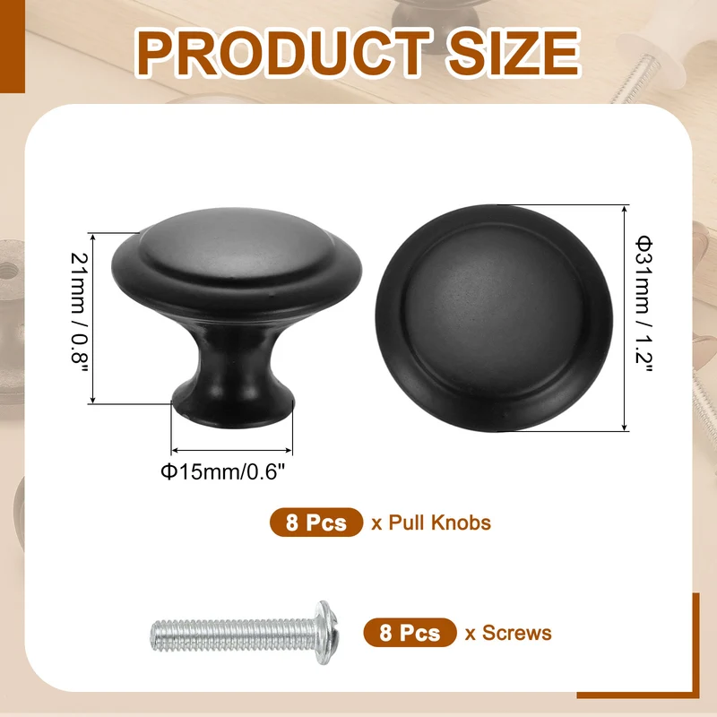 8Pcs Stainless Steel Knobs Single Hole Pull with Screw 30mm Black