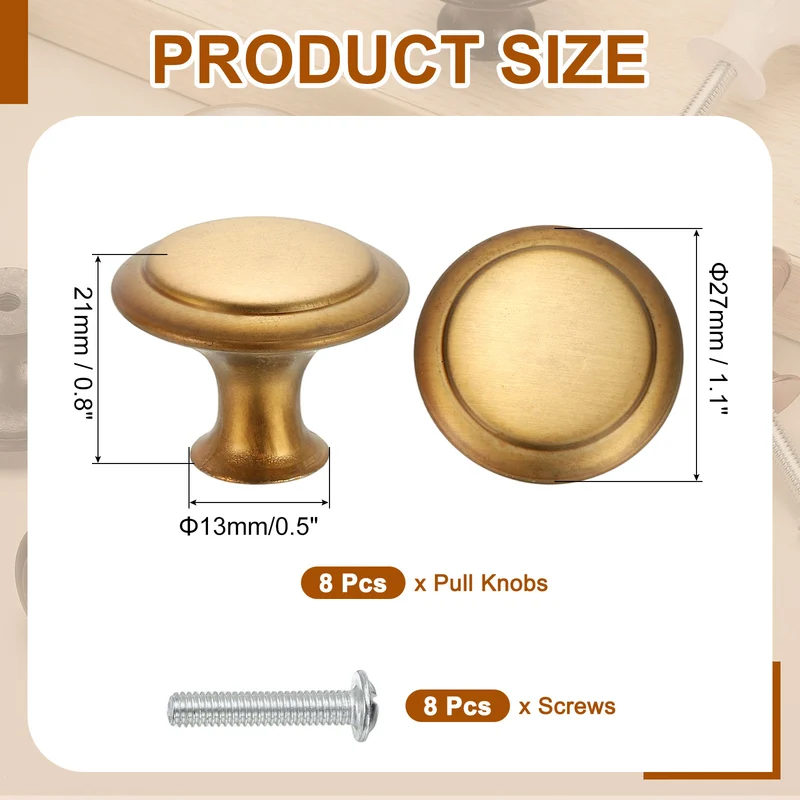8Pcs Stainless Steel Knobs Single Hole Pull with Screw 27mm Yellow