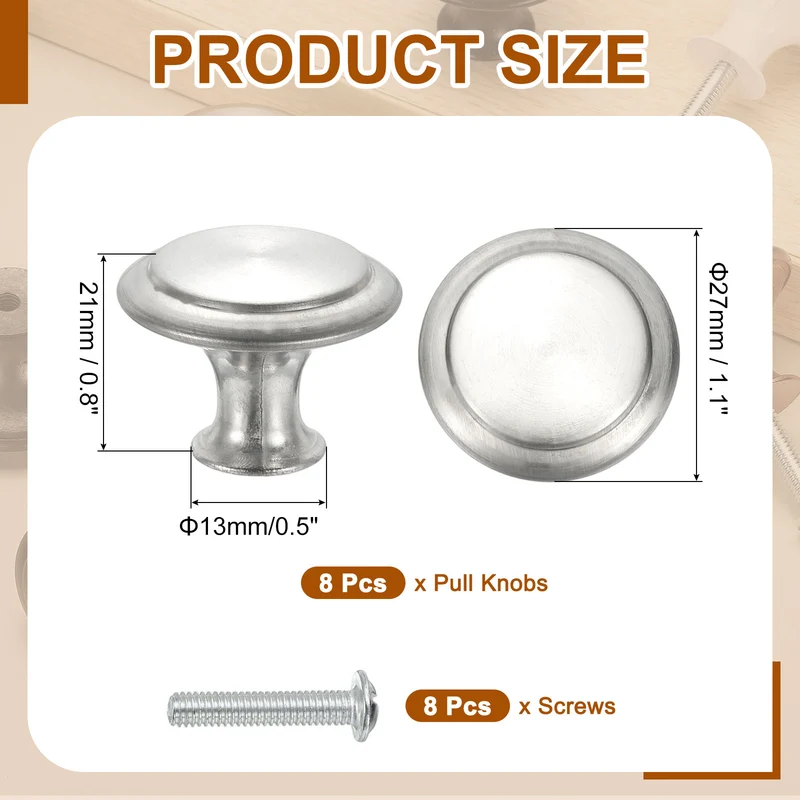 8Pcs Stainless Steel Knobs Single Hole Pull with Screw 27mm Silver,