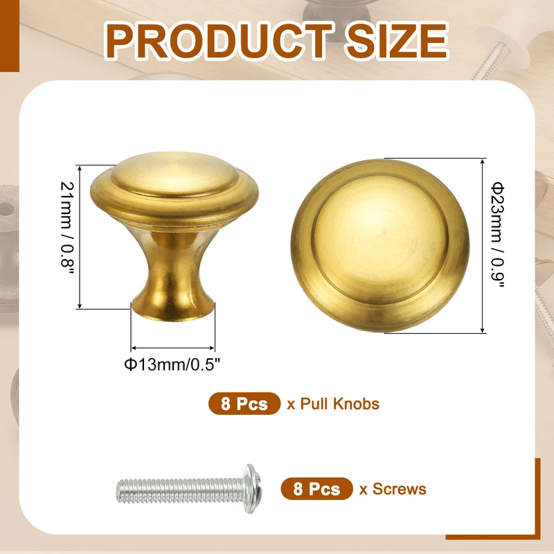 8Pcs Stainless Steel Knobs Single Hole Pull with Screw 23mm Gold