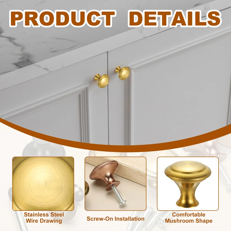 8Pcs Stainless Steel Knobs Single Hole Pull with Screw 23mm Gold