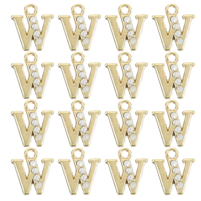 Rhinestone Letter Charm, 16pcs 1.5mm Metal W Letter Charm, Gold