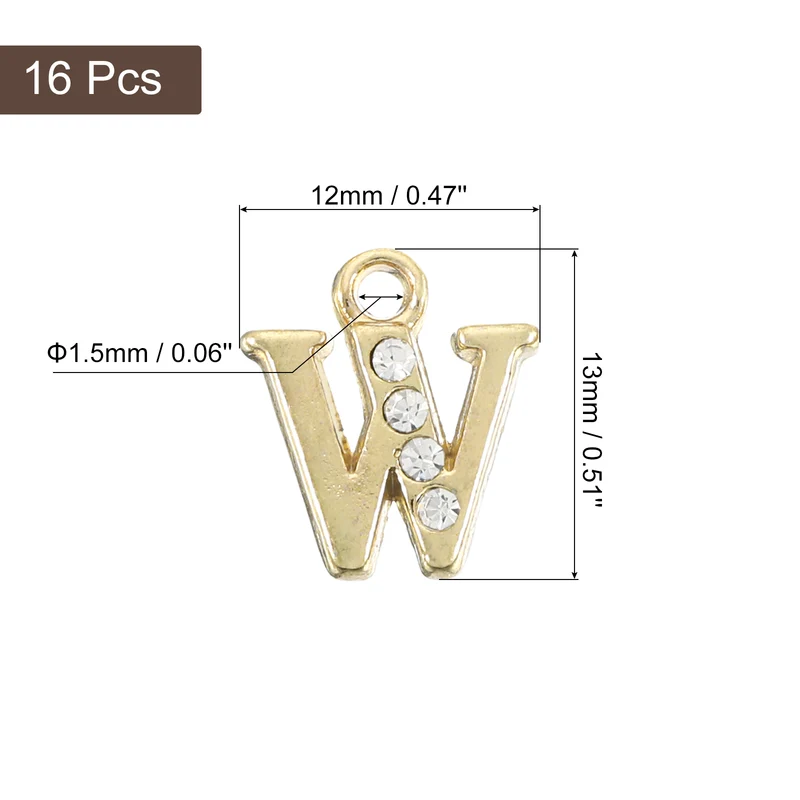 Rhinestone Letter Charm, 16pcs 1.5mm Metal W Letter Charm, Gold