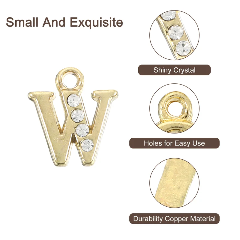 Rhinestone Letter Charm, 16pcs 1.5mm Metal W Letter Charm, Gold
