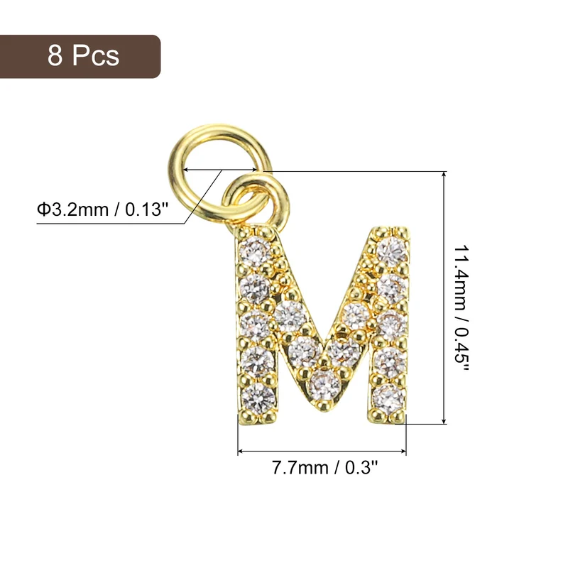 8pcs Rhinestone Letter Charm 3.2mm Copper M Letter Charm Golden