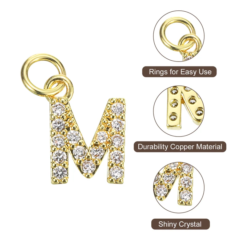 8pcs Rhinestone Letter Charm 3.2mm Copper M Letter Charm Golden