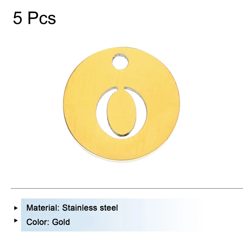 Alphabet Letter Charm Letter O 12mm(1/2") Round Capital Alphabet Charm Stainless Steel Gold Tone for Pendant, DIY Jewelry Making, Pack of 5