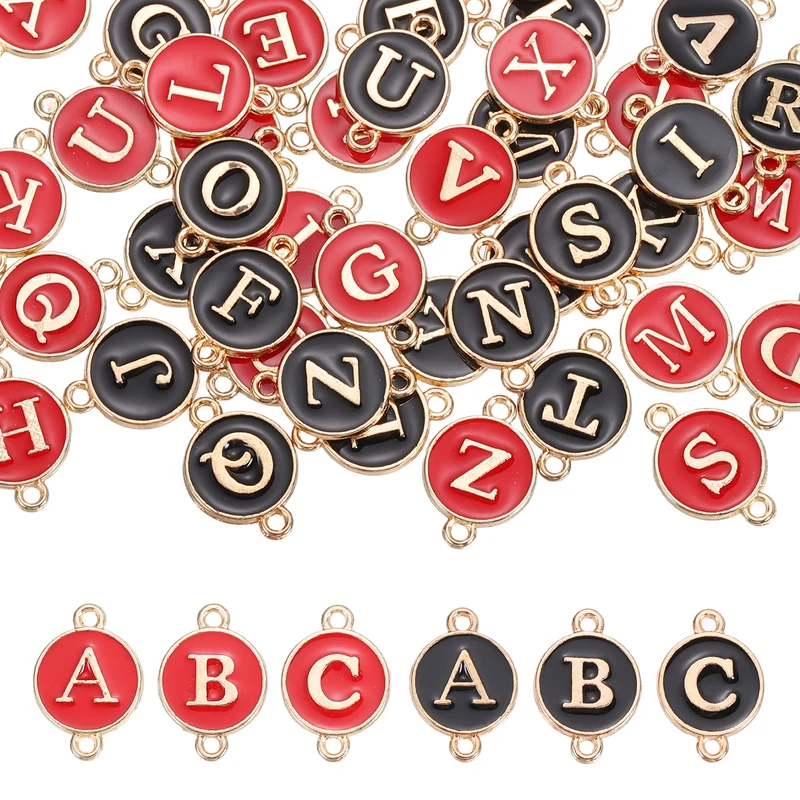 52 Pcs Letter Initial Charm A-Z Double Hanging Round Letter Charm(Red, Black)