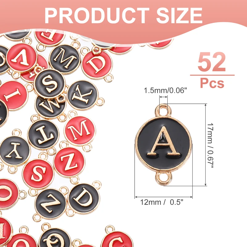 52 Pcs Letter Initial Charm A-Z Double Hanging Round Letter Charm(Red, Black)