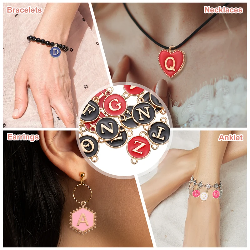 52 Pcs Letter Initial Charm A-Z Double Hanging Round Letter Charm(Red, Black)