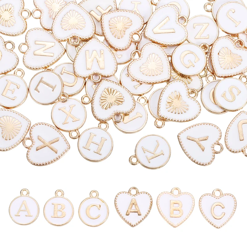 52 Pcs Letter Initial Charm A-Z Heart & Round Letter Charm(White)