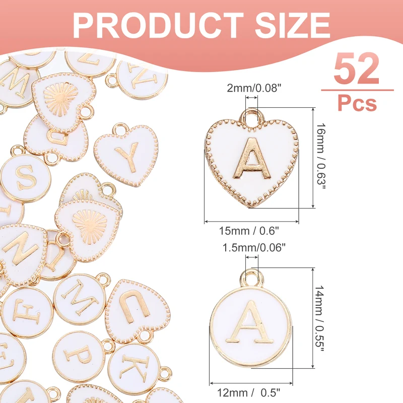 52 Pcs Letter Initial Charm A-Z Heart & Round Letter Charm(White)