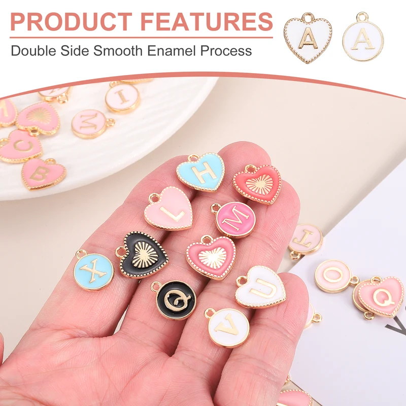 52 Pcs Letter Initial Charm A-Z Heart & Round Letter Charm(White)