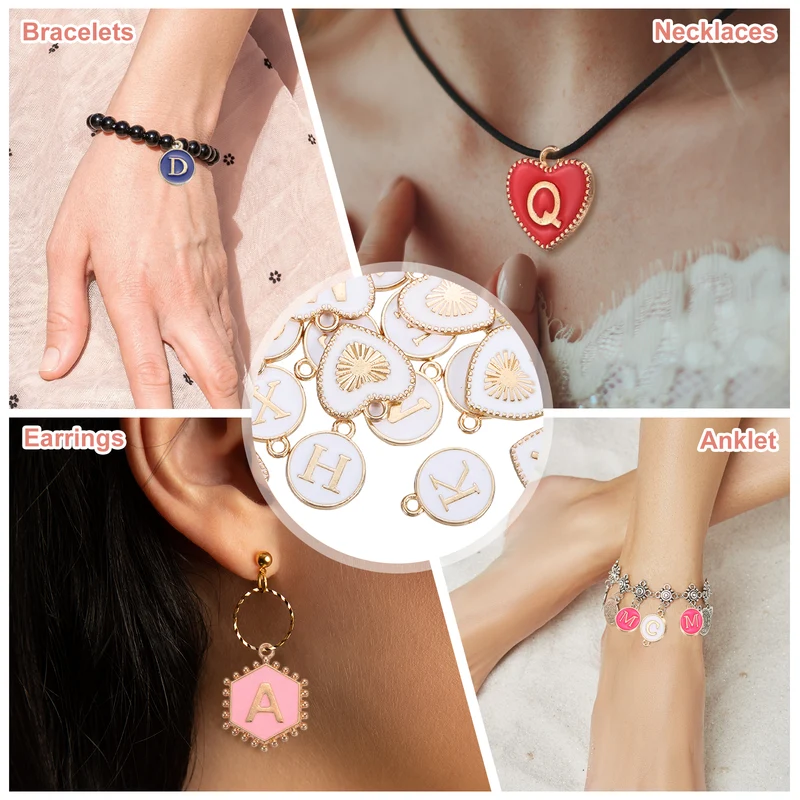 52 Pcs Letter Initial Charm A-Z Heart & Round Letter Charm(White)