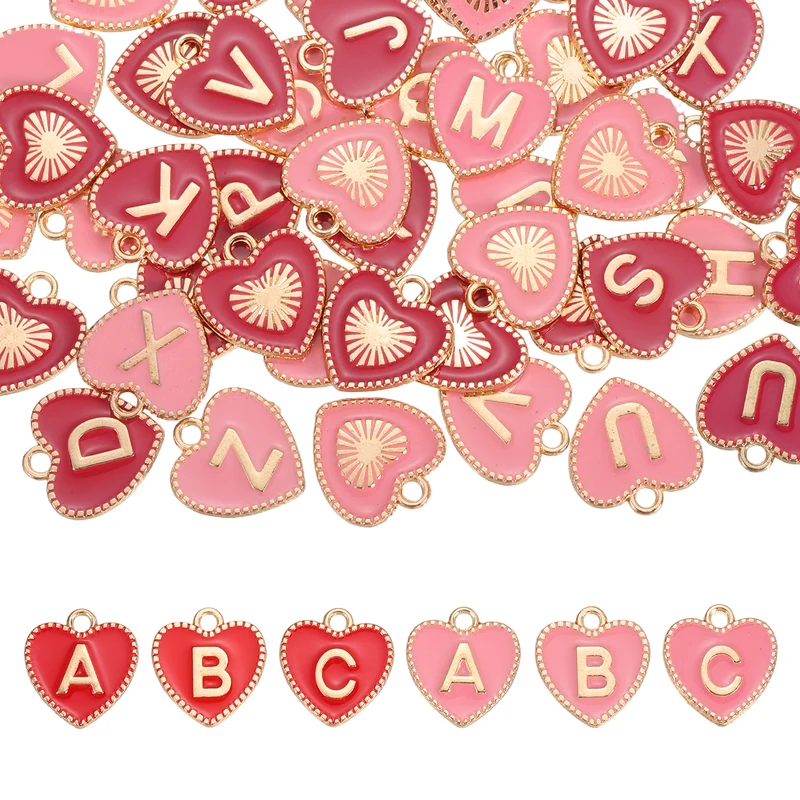 52 Pcs Letter Initial Charm A-Z Heart Letter Charm(Pink, Rose Red)