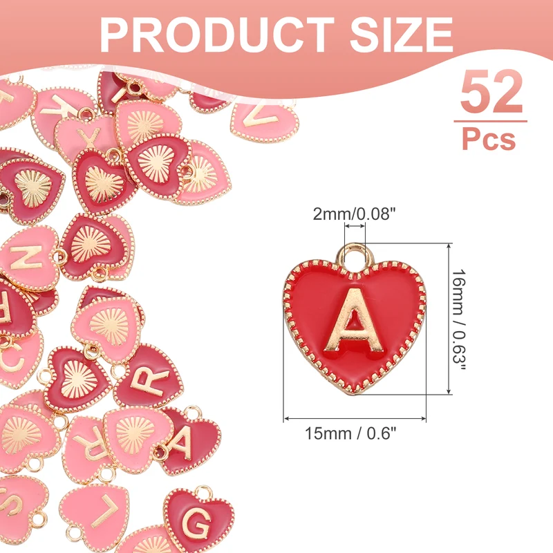 52 Pcs Letter Initial Charm A-Z Heart Letter Charm(Pink, Rose Red)
