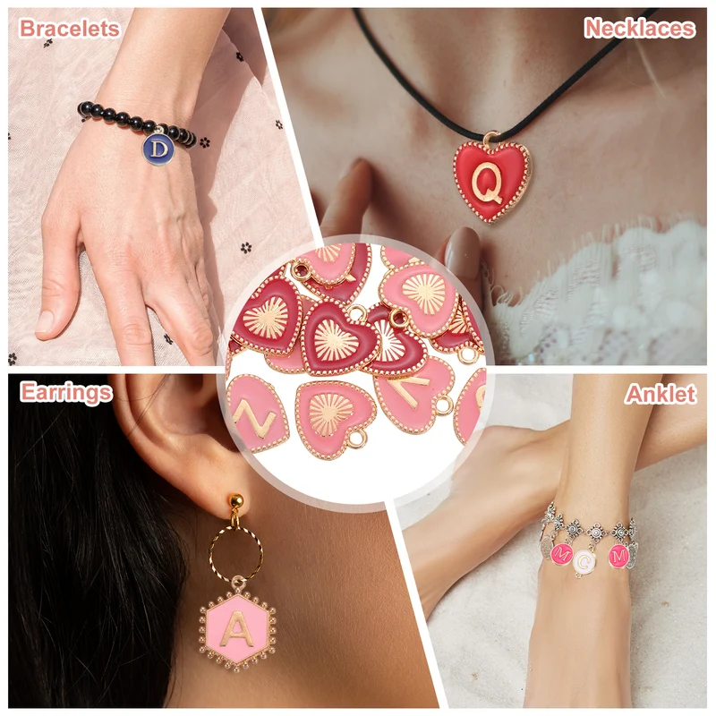 52 Pcs Letter Initial Charm A-Z Heart Letter Charm(Pink, Rose Red)
