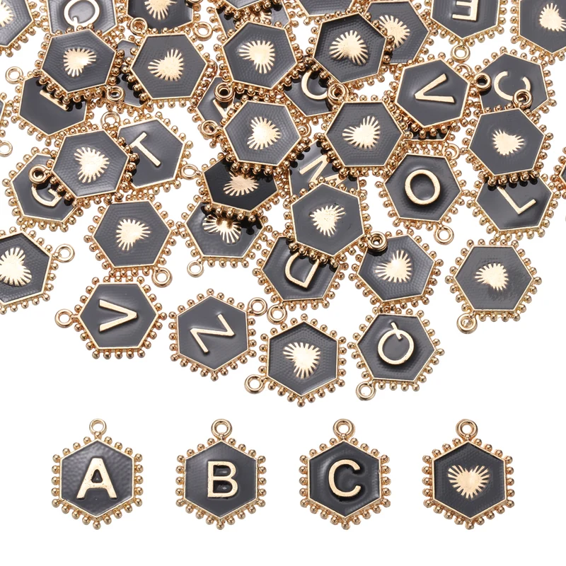 52 Pcs Letter Initial Charm A-Z Hexagon Letter Charm(Black)