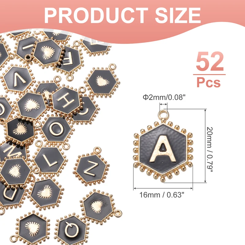 52 Pcs Letter Initial Charm A-Z Hexagon Letter Charm(Black)