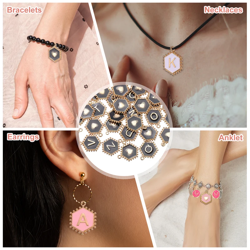52 Pcs Letter Initial Charm A-Z Hexagon Letter Charm(Black)