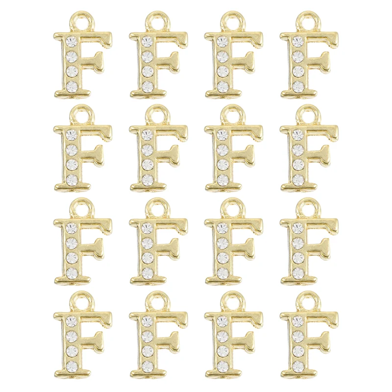 Rhinestone Letter Charm, 16pcs 1.5mm Metal F Letter Charm, Gold
